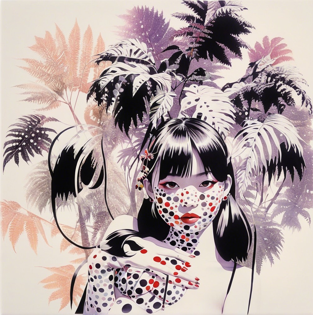 Stylized portrait of a woman with polka dots and foliage