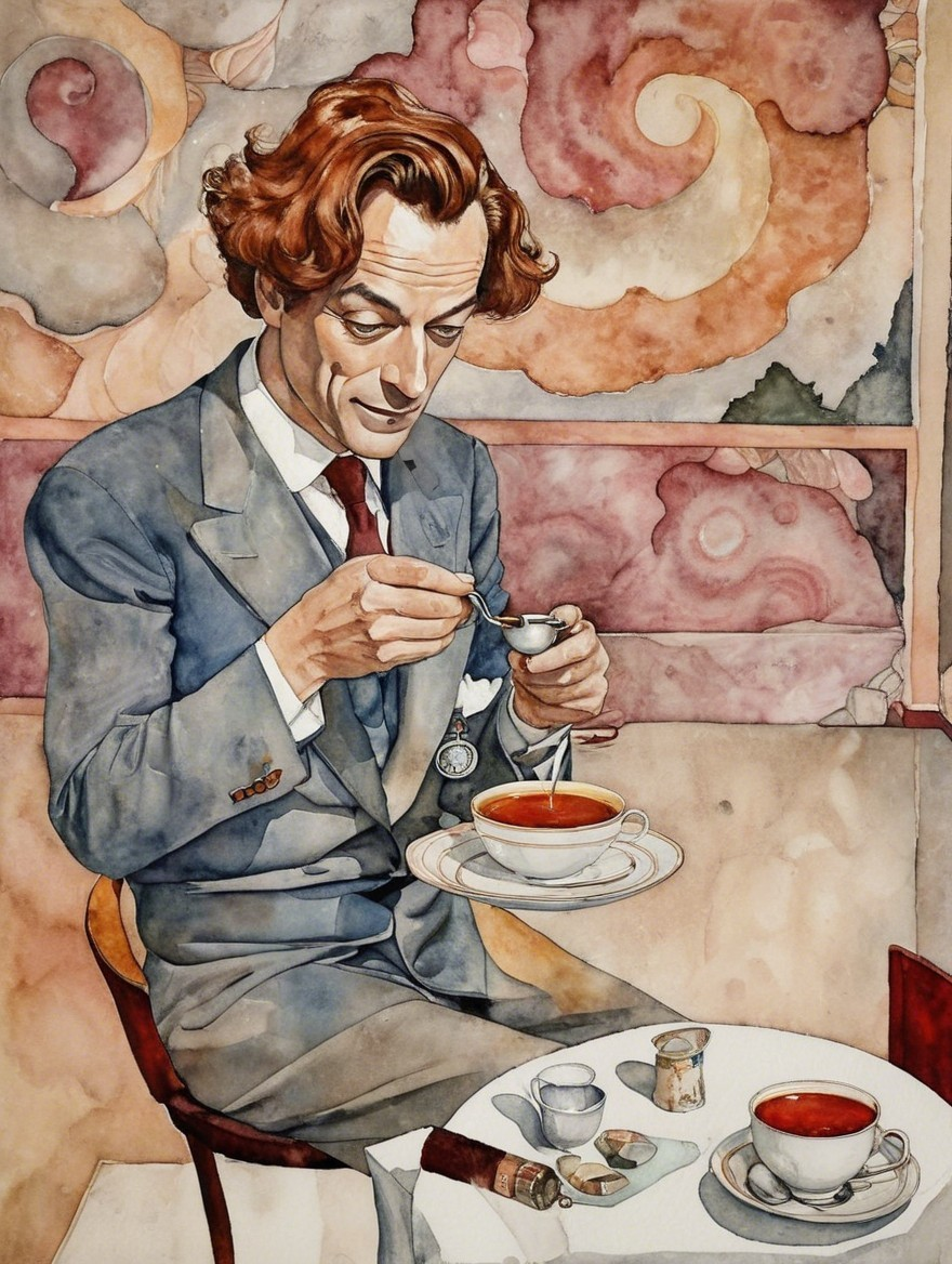 Man in Gray Suit Stirring Tea at Vintage Table
