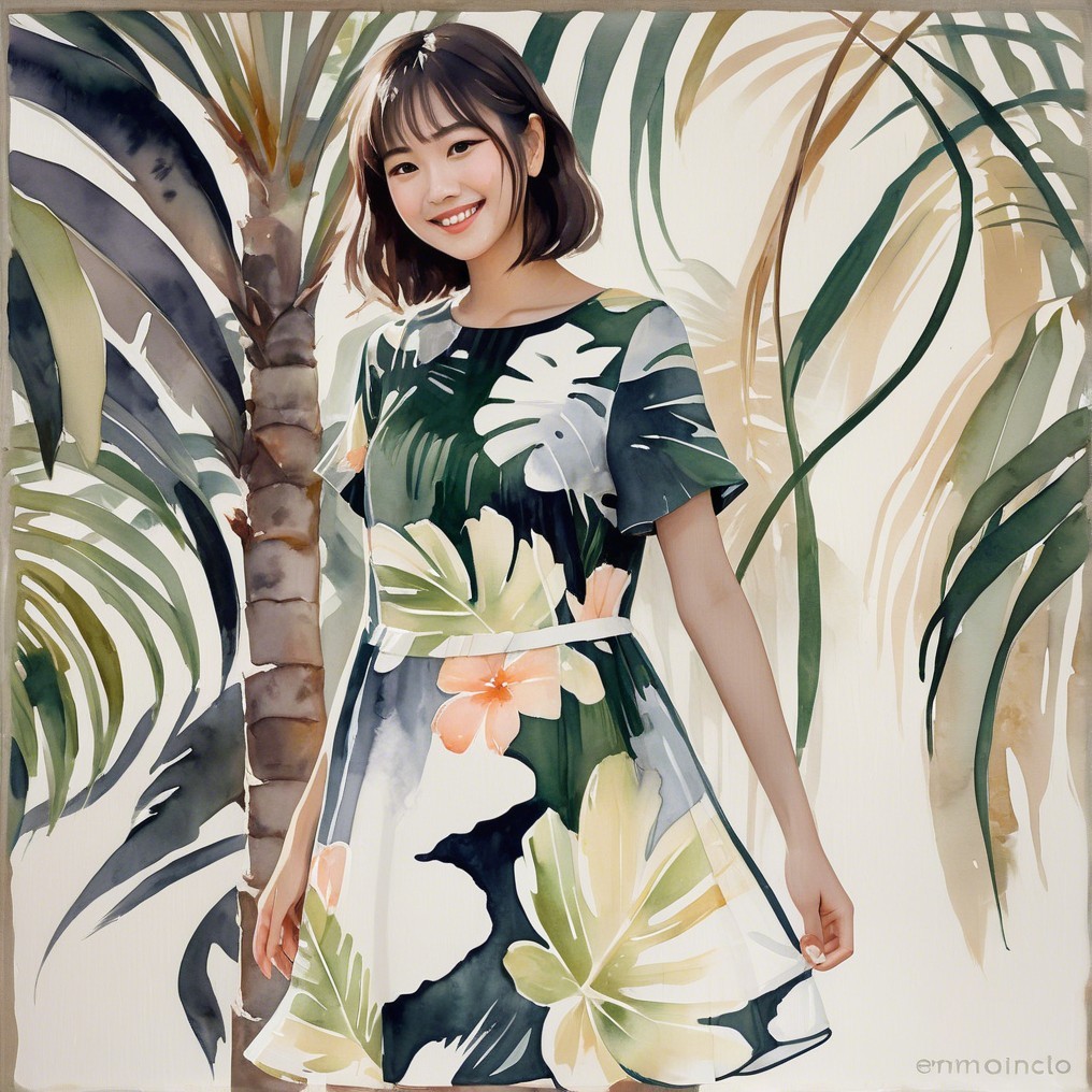 Woman in Tropical Foliage with Vibrant Dress