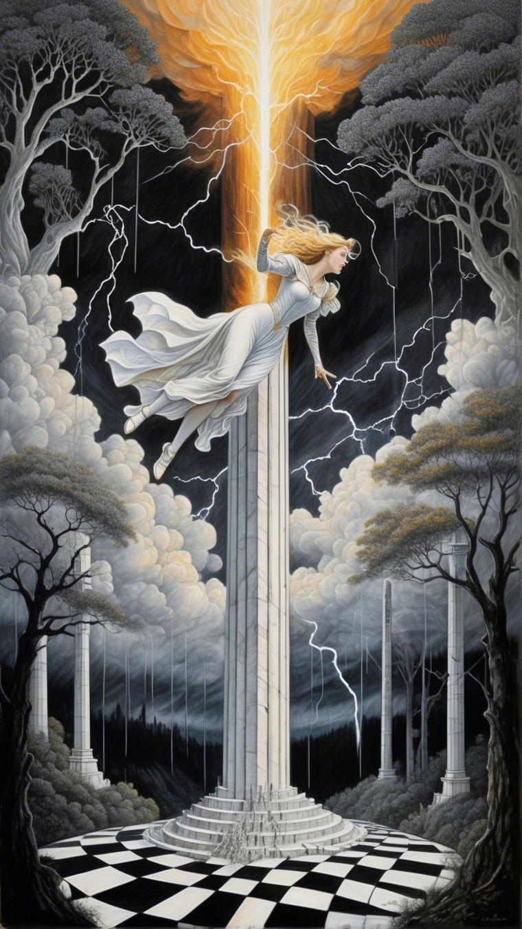 Mystical Scene of Woman in White Dress Amidst Storm
