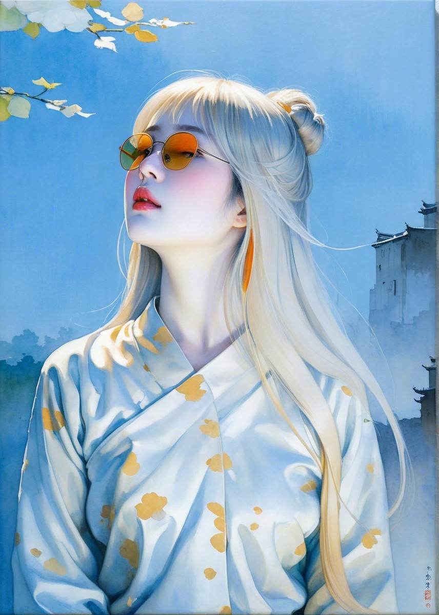 Portrait of a woman in a kimono with sunglasses