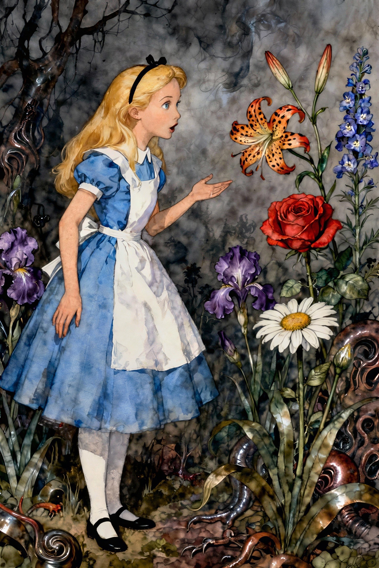 Alice in Wonderland Surrounded by Colorful Flowers
