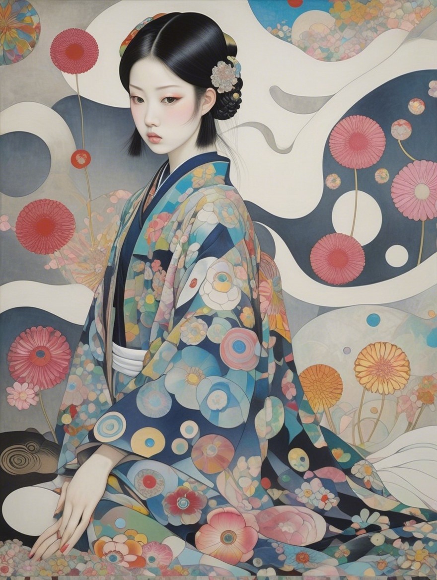 Serene Woman in Vibrant Floral Kimono and Nature Background