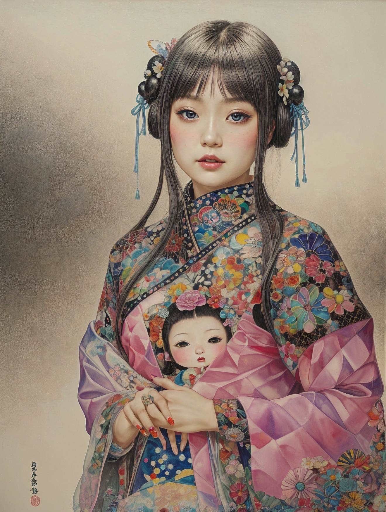 Young Woman in Floral Kimono with Doll Figure