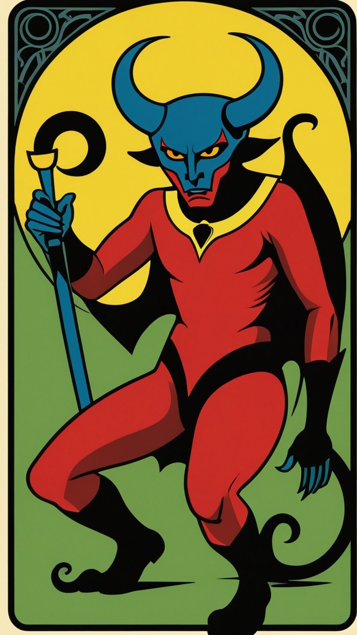 Cartoonish devil character with blue skin and red outfit
