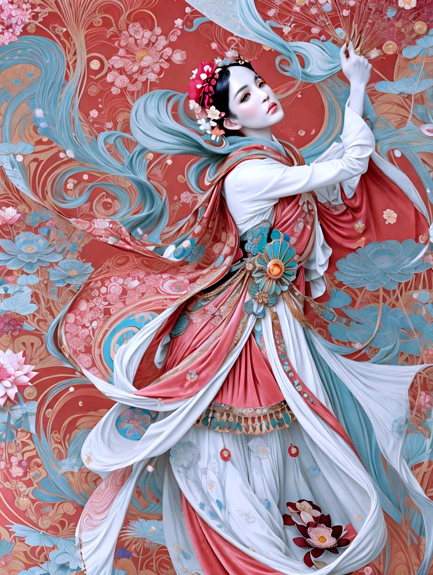 Traditional Outfit with Floral Patterns and Fan