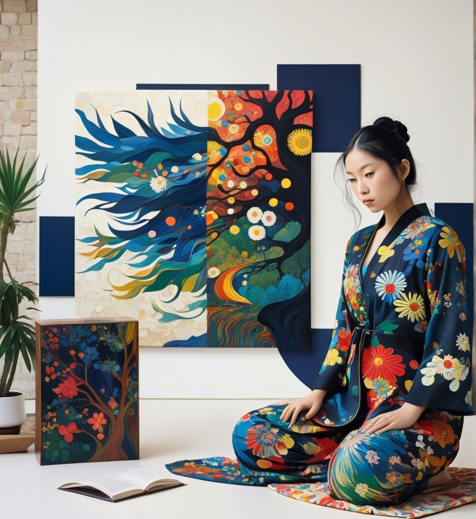 Young woman in floral kimono with vibrant artwork backdrop