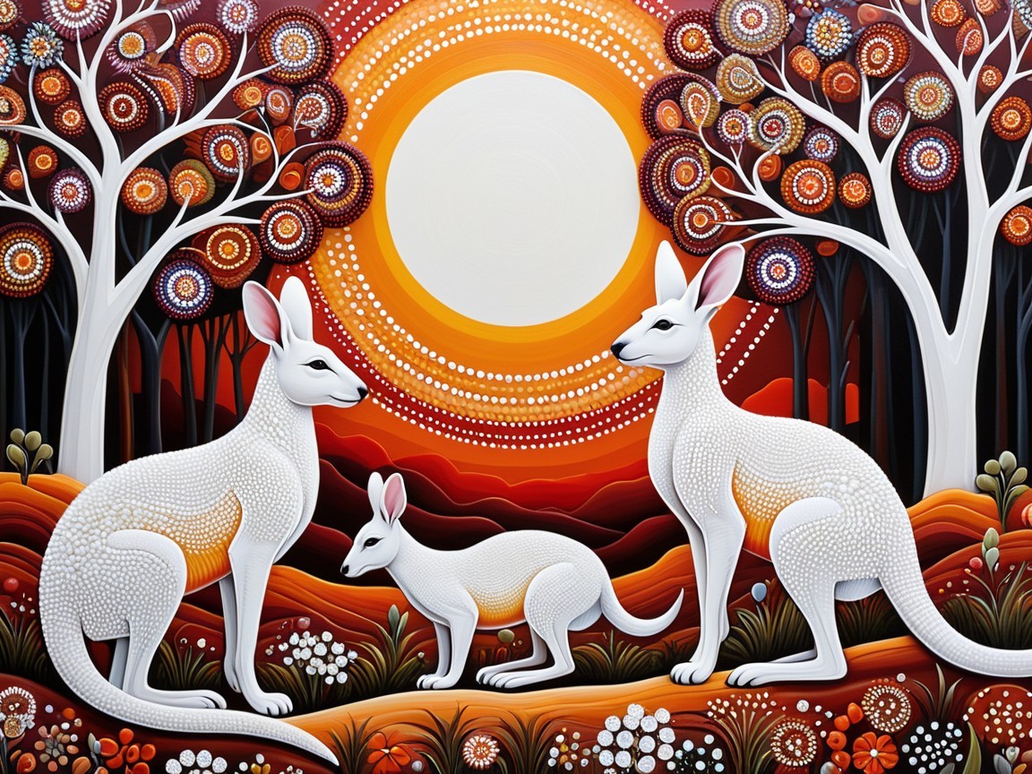 Stylized Kangaroos in a Vibrant Sunset Landscape
