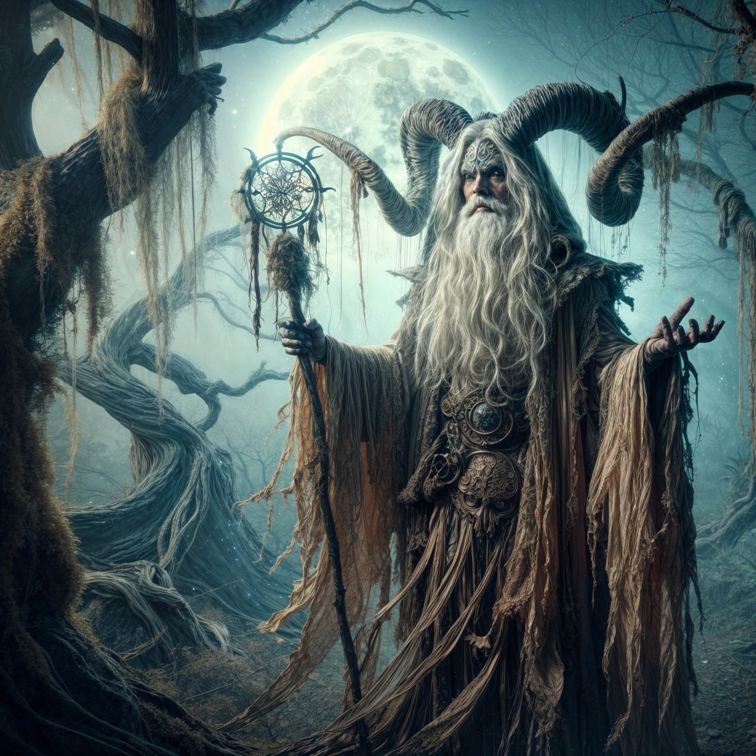Ancient Sorcerer in Mystical Moonlit Forest