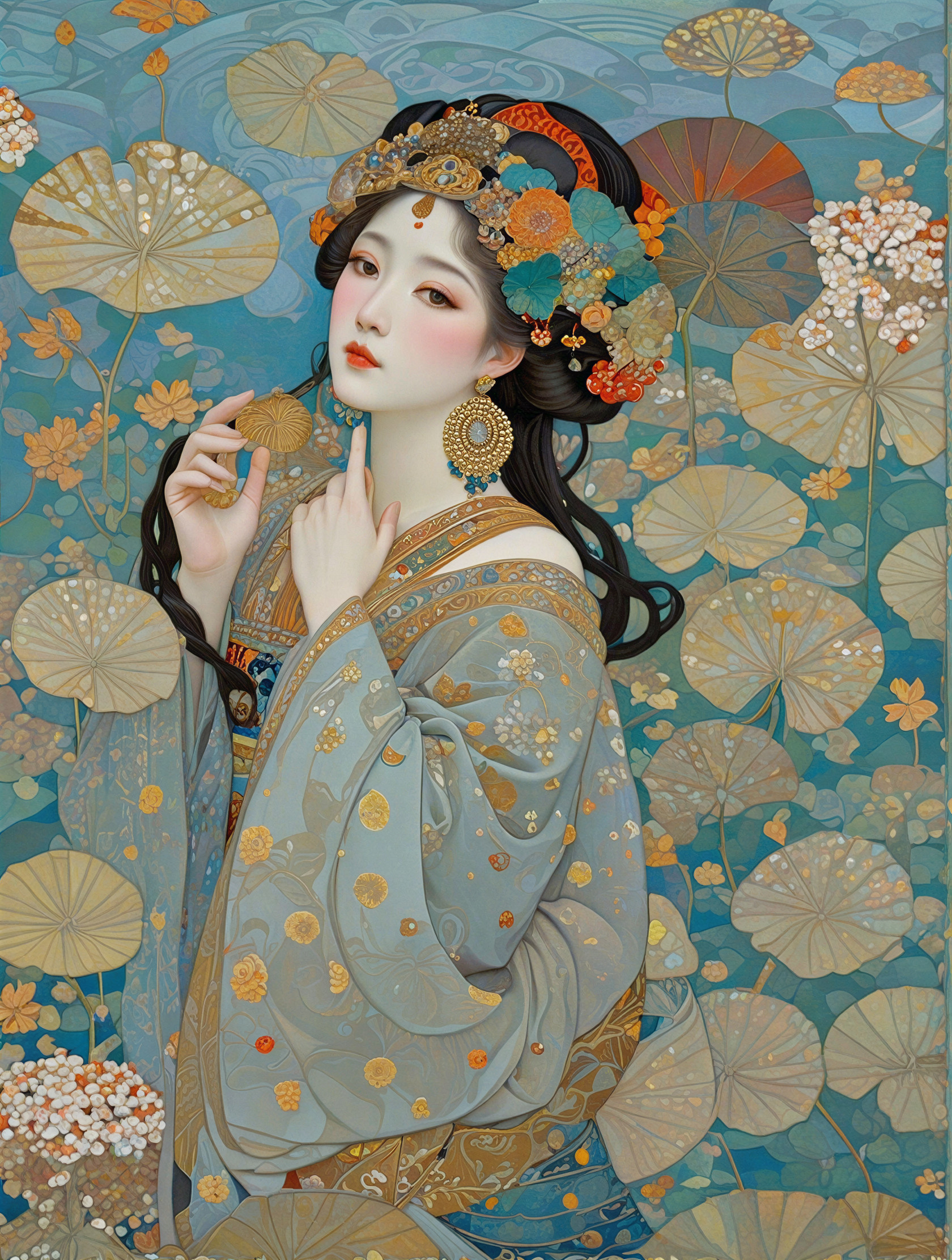 Serene Young Woman in Light Blue Floral Garment