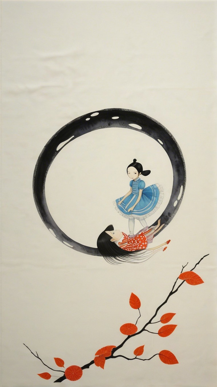 Whimsical Artwork of Girls in Circular Frame with Leaves