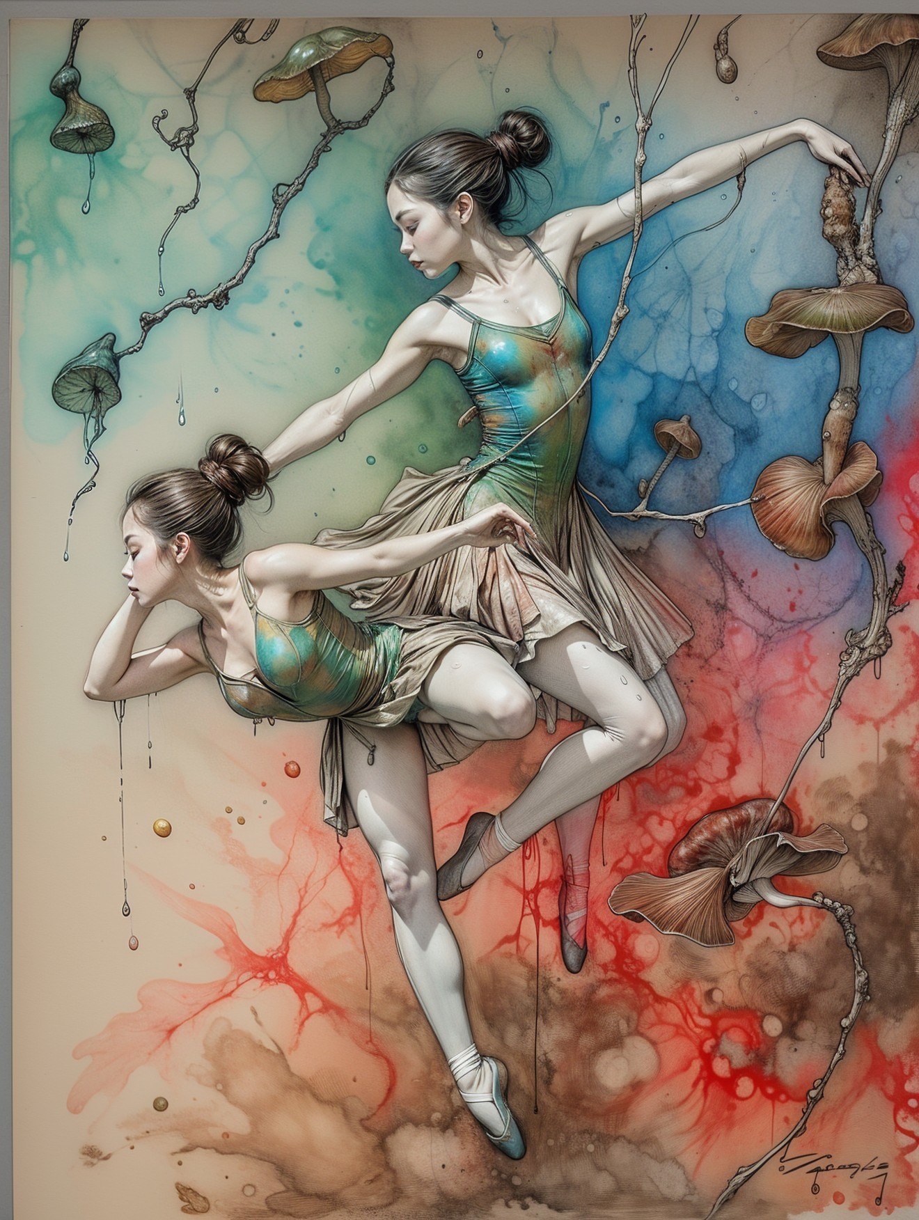 Ethereal Ballerinas in Colorful Abstract Dance Scene