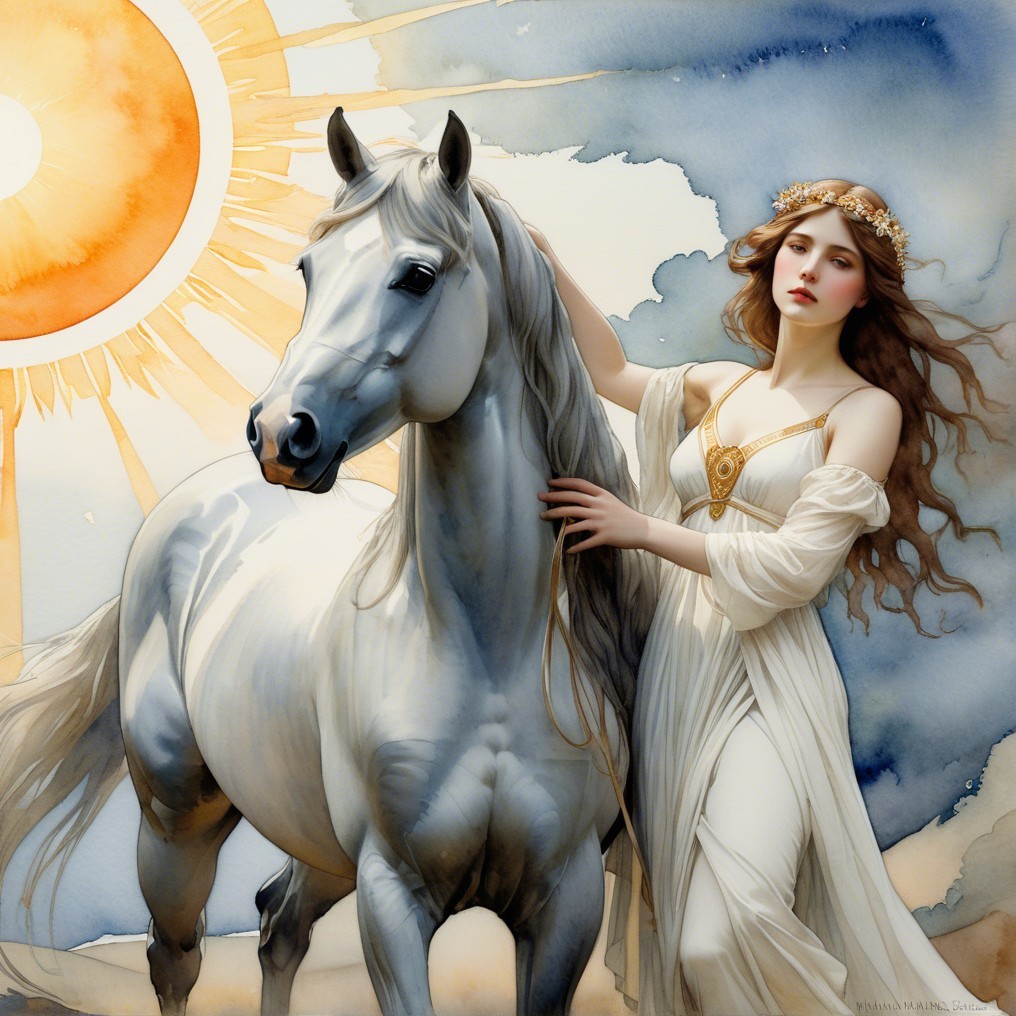 Serene Woman in White Gown Beside White Horse