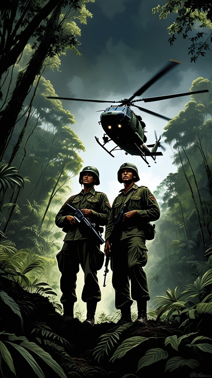Soldiers in Jungle with Helicopter Above Them