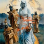 Surreal Landscape with Serene Figure and Cloaked Followers