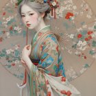 Young woman in vibrant kimono with floral backdrop