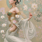 Elegant Gown with Intricate Patterns and Peacock Feather