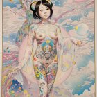 Graceful Figure in Water with Cherry Blossoms and Balloons