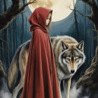 Girl in Red Cloak and Wolf Under Full Moon in Forest