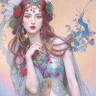 Woman in Ornate Hat with Mt. Fuji Background