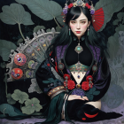 Woman in Black Kimono with Roses and Cherry Blossoms