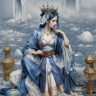 Serene Woman in Blue Robe Surrounded by Spirits and Skulls