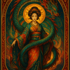 Elegant Woman in Black and Gold Gown with Flowers