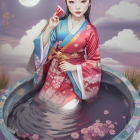 Ethereal figure in kimono by tranquil lake with lotus
