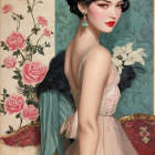 Vintage Portrait of Woman in Floral Silk Dress