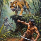 Muscular Man Faces Tiger in Dense Jungle Standoff