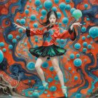 Dancers in Colorful Costumes Amid Surreal Fungi Backdrop