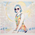 Surreal Beach Scene with Woman in Floral Swimsuit