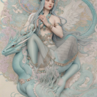 Serene Woman with Blue Hair on White Deer in Clouds