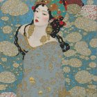 Serene Young Woman in Light Blue Floral Garment