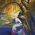 Dancer in Dynamic Pose Against Tropical Backdrop