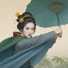 Young woman in bamboo grove with green parasol