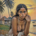 Young Woman by Shoreline at Tropical Sunset