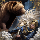 Mystical Forest with Bear and Warrior Woman in Armor
