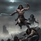 Warriors Battling Unknown Forces in Dark Landscape