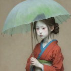 Young girl in kimono with umbrella in serene setting