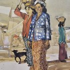 Three Women in Traditional Attire with Baskets