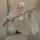 Warrior in White Kimono Amid Bamboo Grove