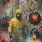 1970s Anime-Style Watercolor of Giant Hero in City