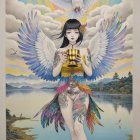 Elegant figure with wings and golden chalice in landscape