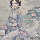 Serene Woman in Elegant Kimono Surrounded by Nature