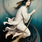 Young girl riding broom in whimsical, magical setting
