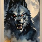 Watercolor of a snarling werewolf under a full moon