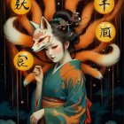 Serene figure in kimono with fox among vibrant lanterns