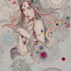 Artwork of a woman in floral headpiece and white dress