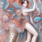 Serene figure in vibrant patterned fabrics with fish